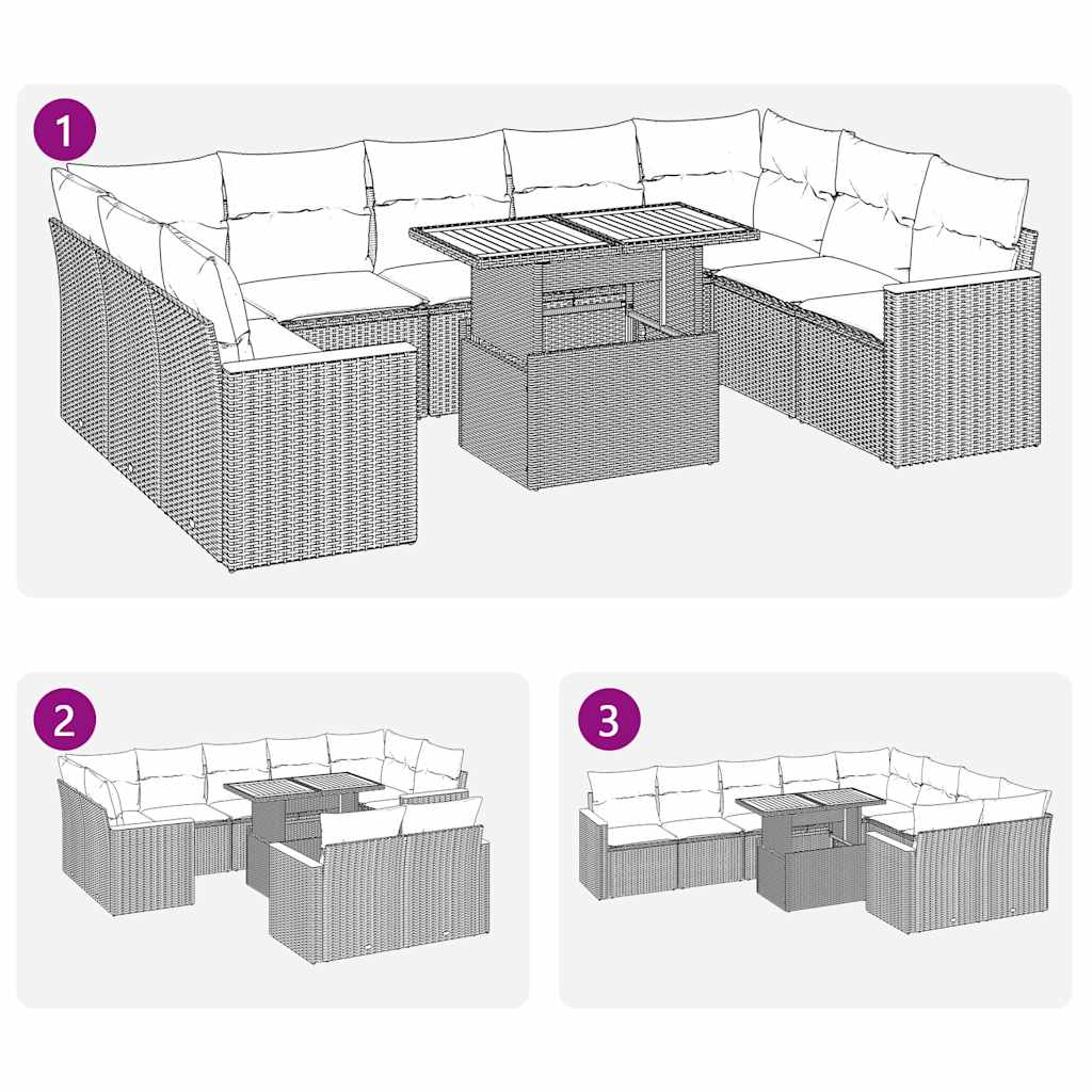 10-delige Loungeset met kussens poly rattan acacia grijs
