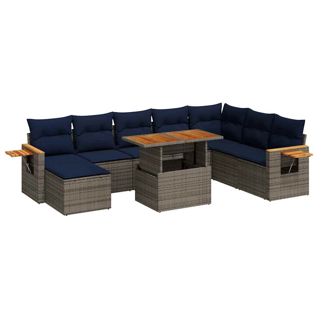 10-delige Loungeset met kussens poly rattan acacia grijs