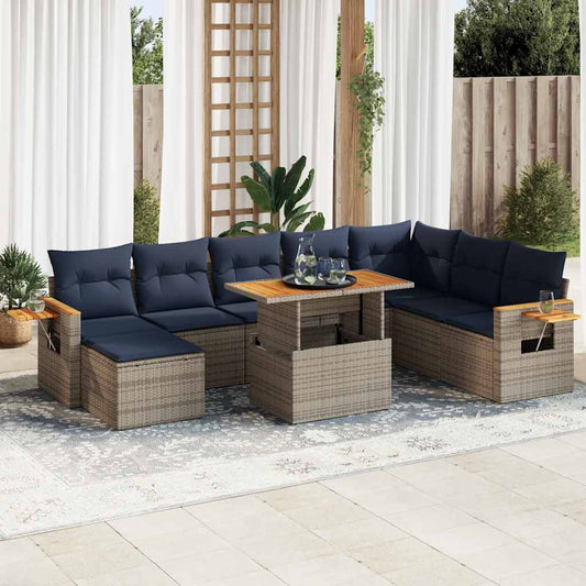 10-delige Loungeset met kussens poly rattan acacia grijs