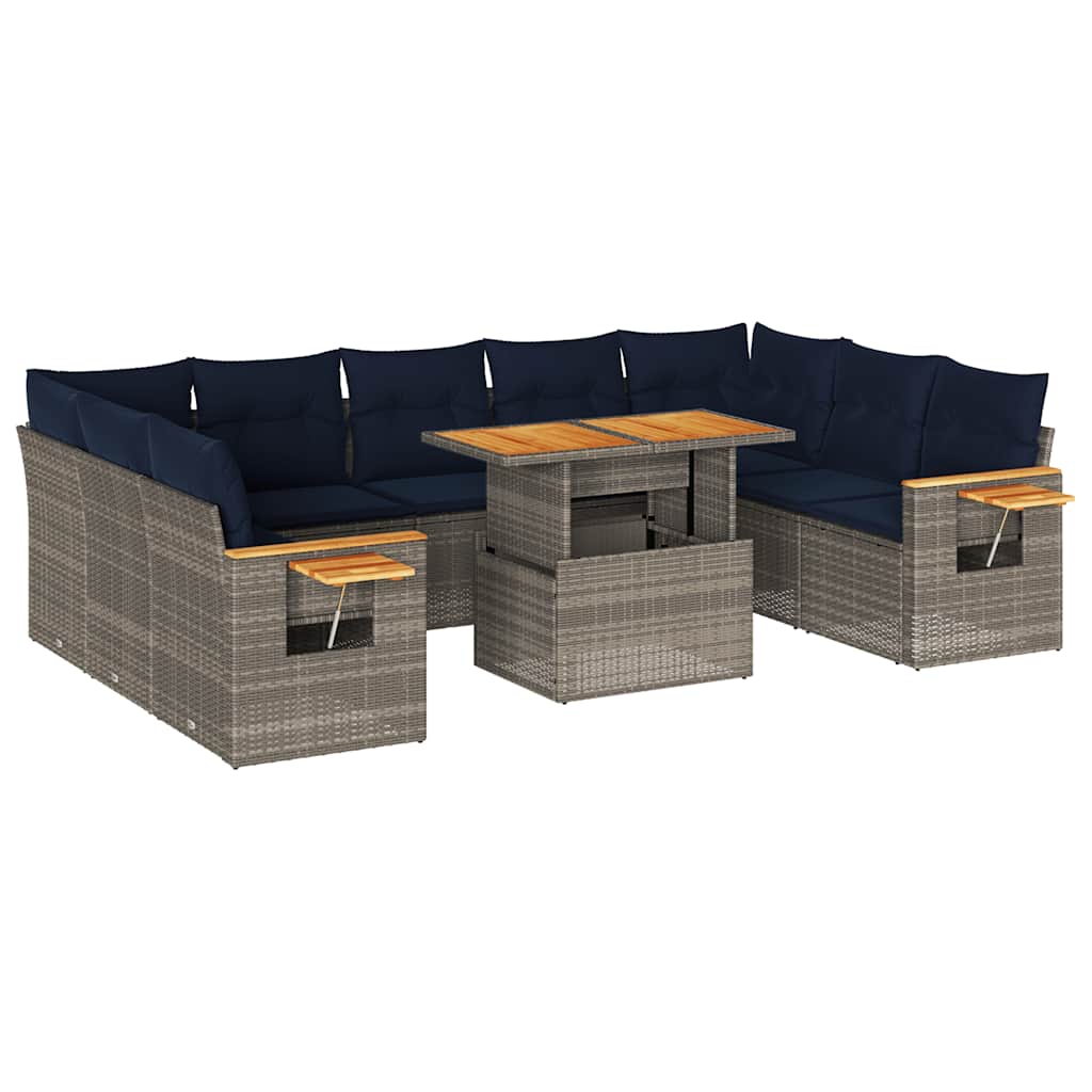 10-delige Loungeset met kussens poly rattan acacia grijs