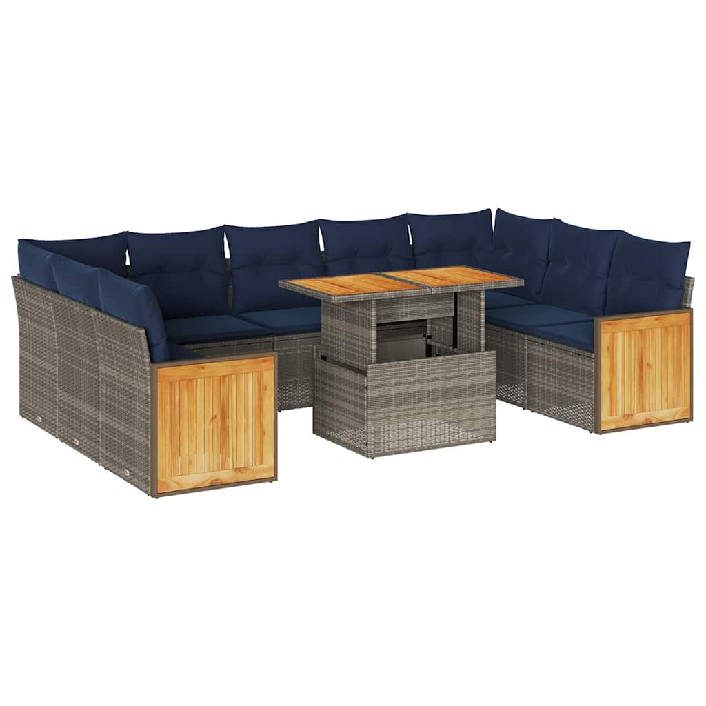 10-delige Loungeset met kussens poly rattan acacia grijs