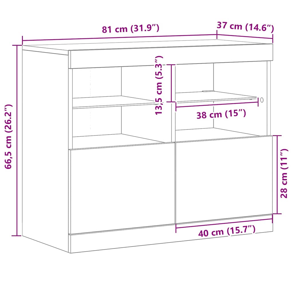Dressoir met LED-verlichting 81x37x67 cm oud houtkleurig