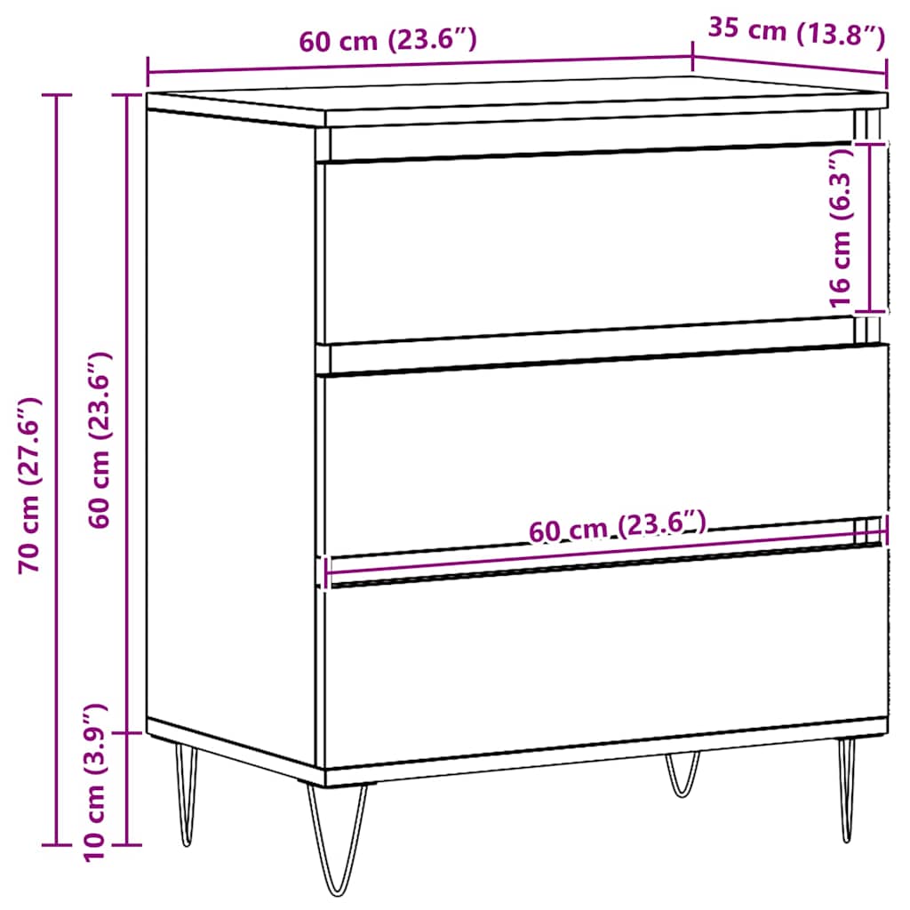 Dressoir met lades 60x35x70 cm bewerkt hout zwart eikenkleurig