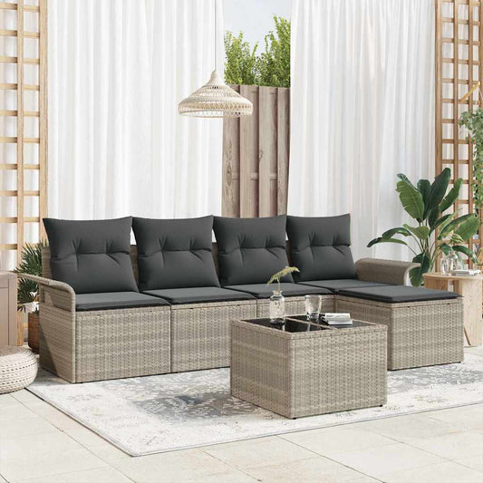 6-delige tuinset met kussens in grijs poly rattan