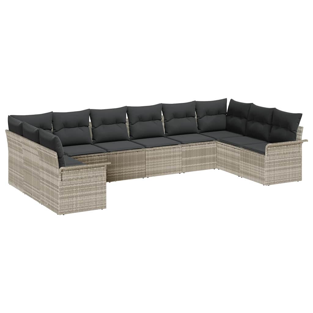 10-delige ligbed set met kussens lichtgrijs poly rattan