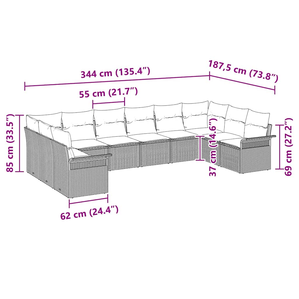 10-delige ligbed set met kussens lichtgrijs poly rattan