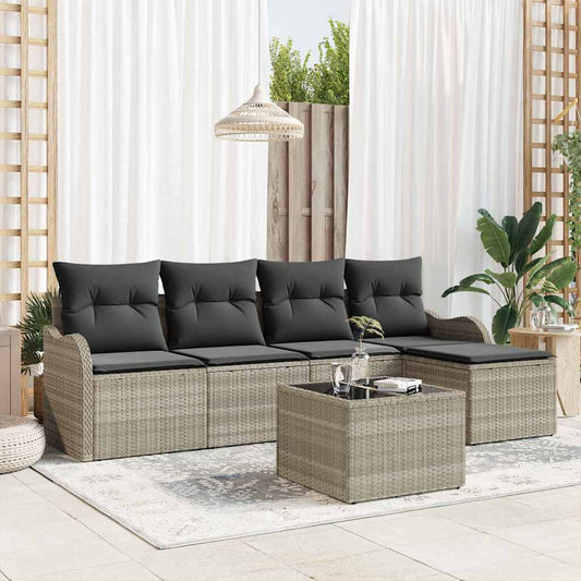 6-delige tuinset met kussens in grijs poly rattan