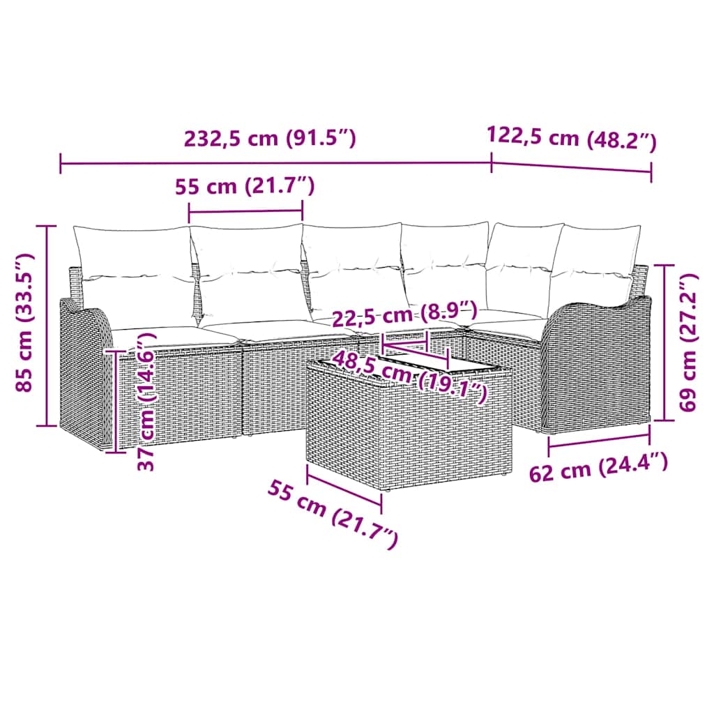 6-delige tuinset met kussens in grijs poly rattan