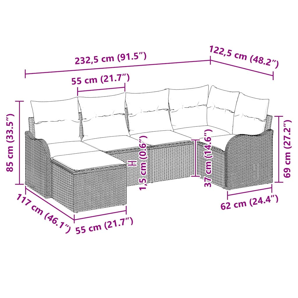 6-delige tuinset met kussens in lichtgrijs poly rattan