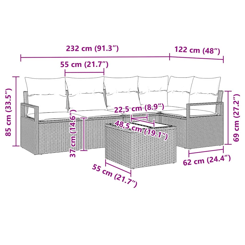 6-delige tuinset met kussens in grijs poly rattan