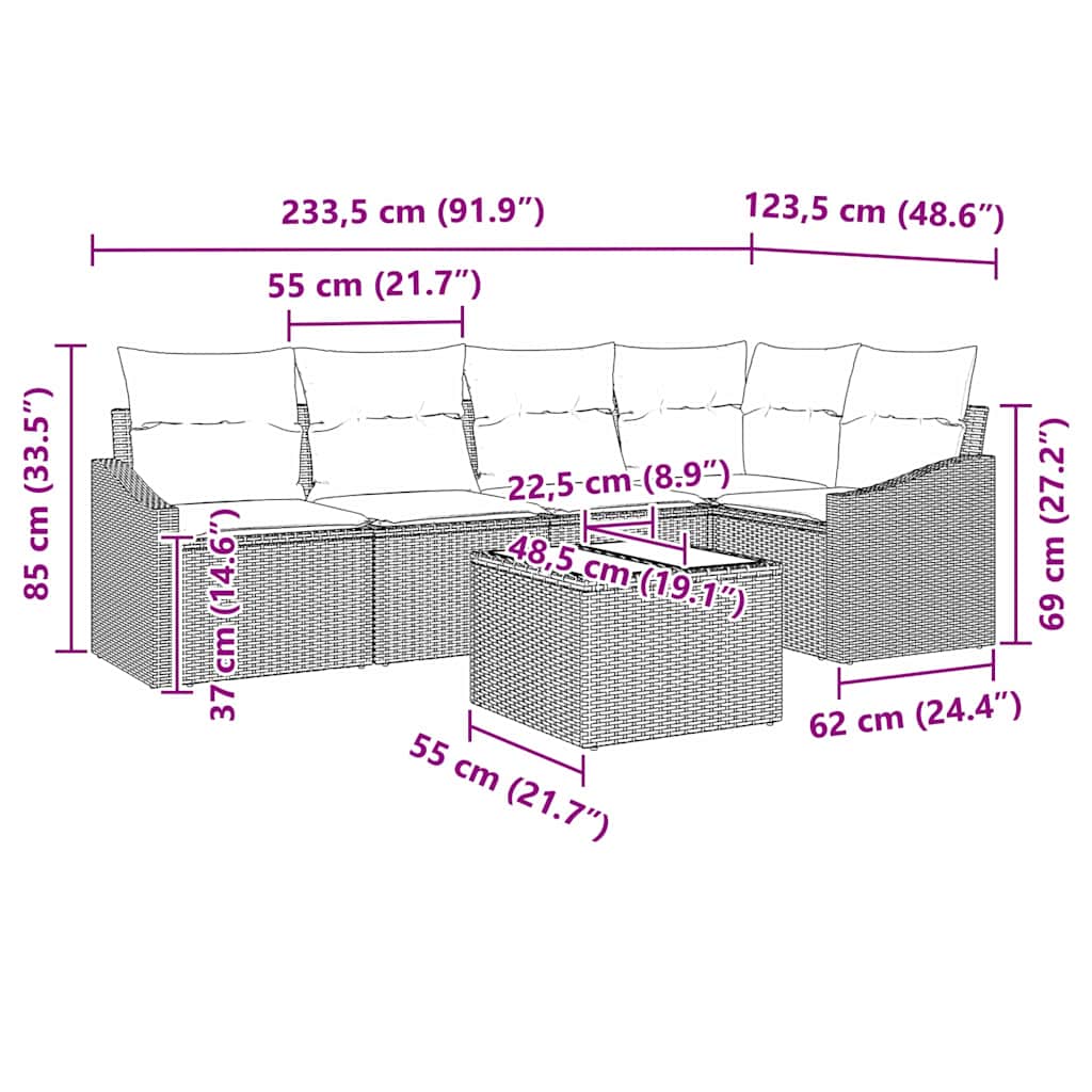 6-delige tuinset met kussens in grijs poly rattan