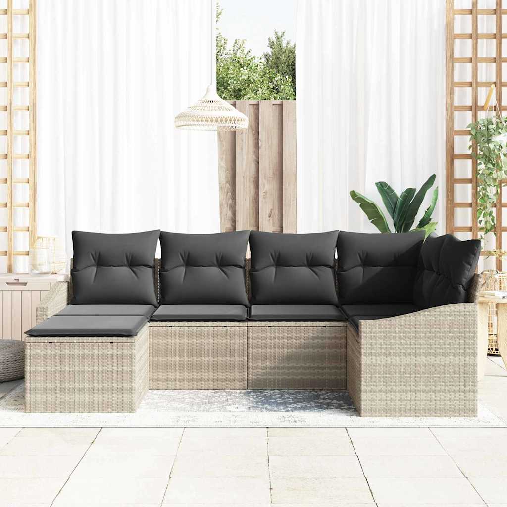 6-delige tuinset met kussens in lichtgrijs poly rattan
