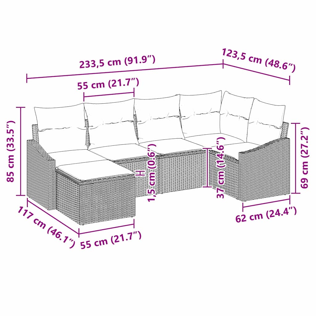 6-delige tuinset met kussens in lichtgrijs poly rattan