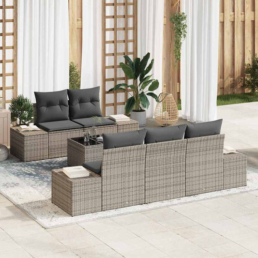 6-delige tuinset met kussens in grijs poly rattan