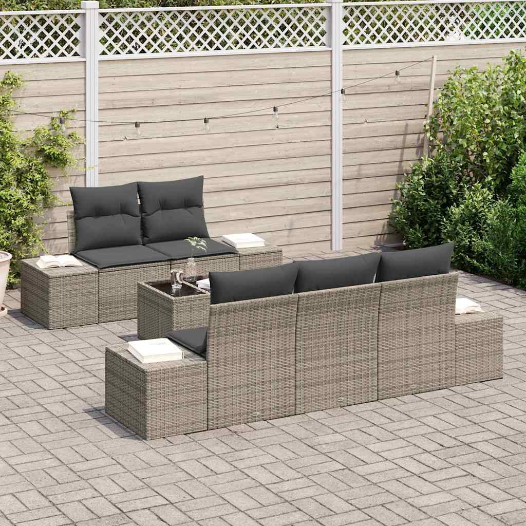 6-delige tuinset met kussens in grijs poly rattan