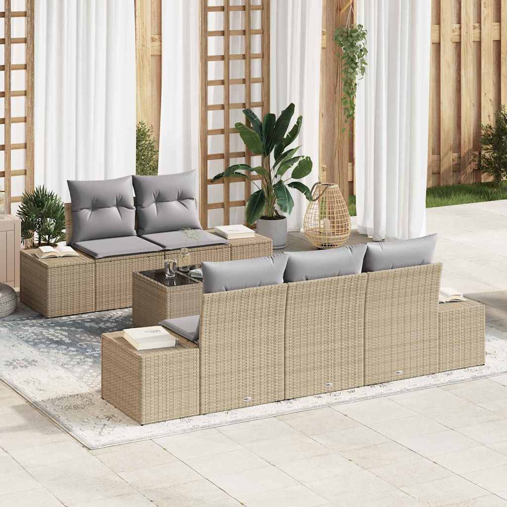 6-delige tuinset met kussens in beige van poly rattan