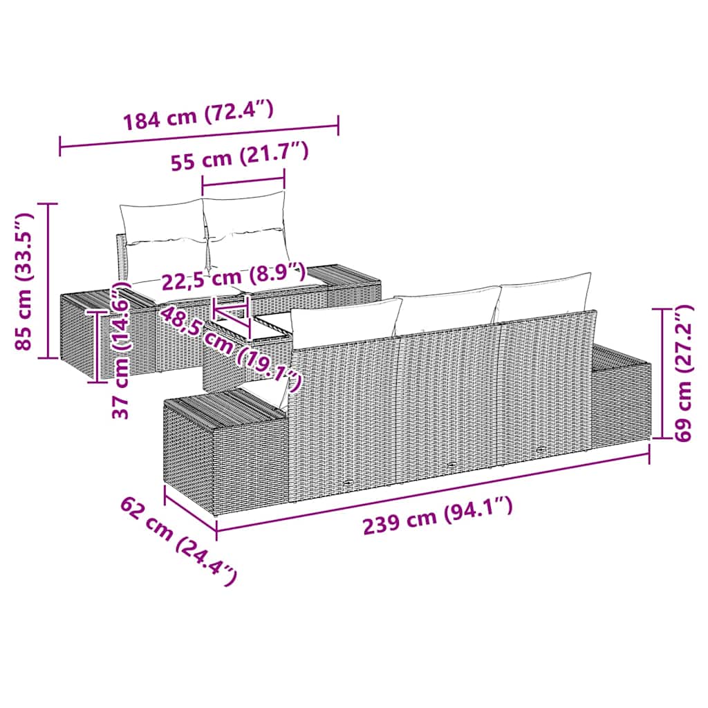 6-delige tuinset met kussens in beige van poly rattan