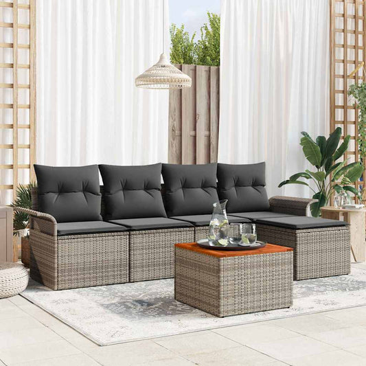 6-delige tuinset met kussens in grijs rattan en acacia