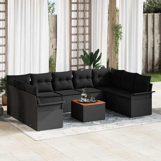 10 Delige Tuin Sofa Set met Kussens Zwart Poly Rattan Acacia