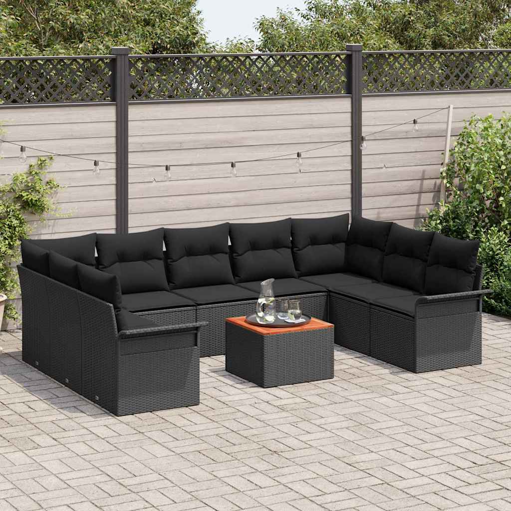 10 Delige Tuin Sofa Set met Kussens Zwart Poly Rattan Acacia
