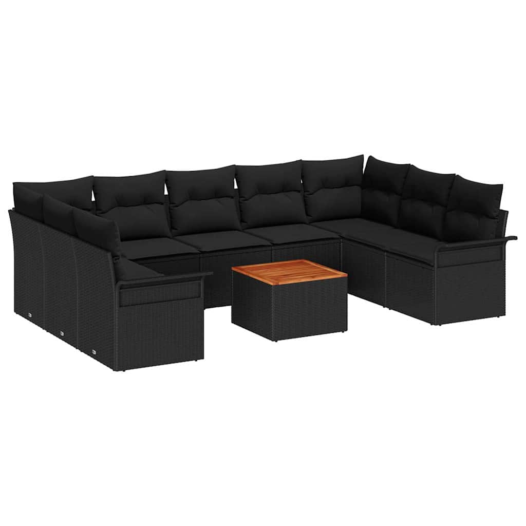 10 Delige Tuin Sofa Set met Kussens Zwart Poly Rattan Acacia