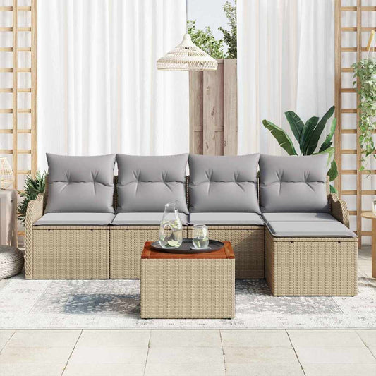 6-delige tuinset met kussens in beige van poly rattan en acacia