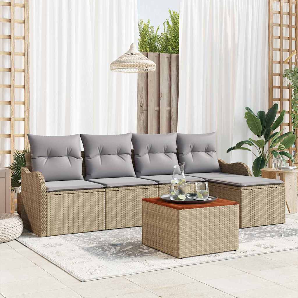 6-delige tuinset met kussens in beige van poly rattan en acacia
