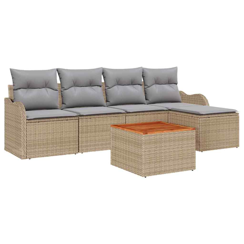 6-delige tuinset met kussens in beige van poly rattan en acacia