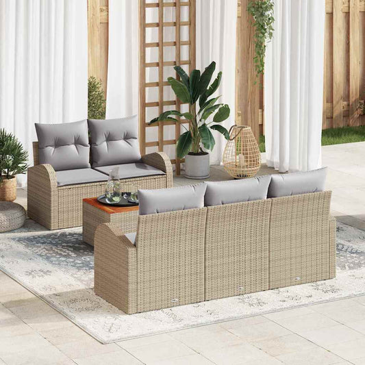 6-delige tuinset met kussens in beige poly rattan en acacia hout