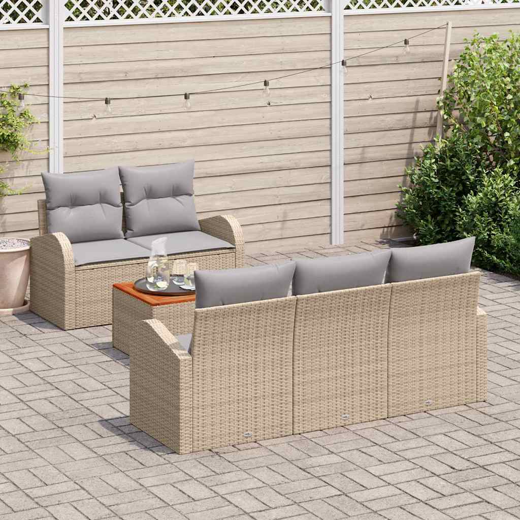6-delige tuinset met kussens in beige poly rattan en acacia hout