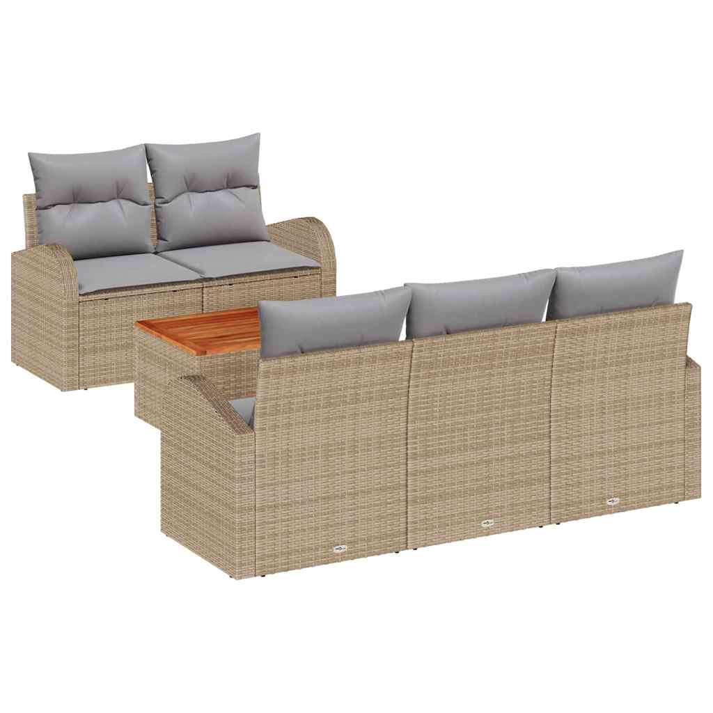 6-delige tuinset met kussens in beige poly rattan en acacia hout