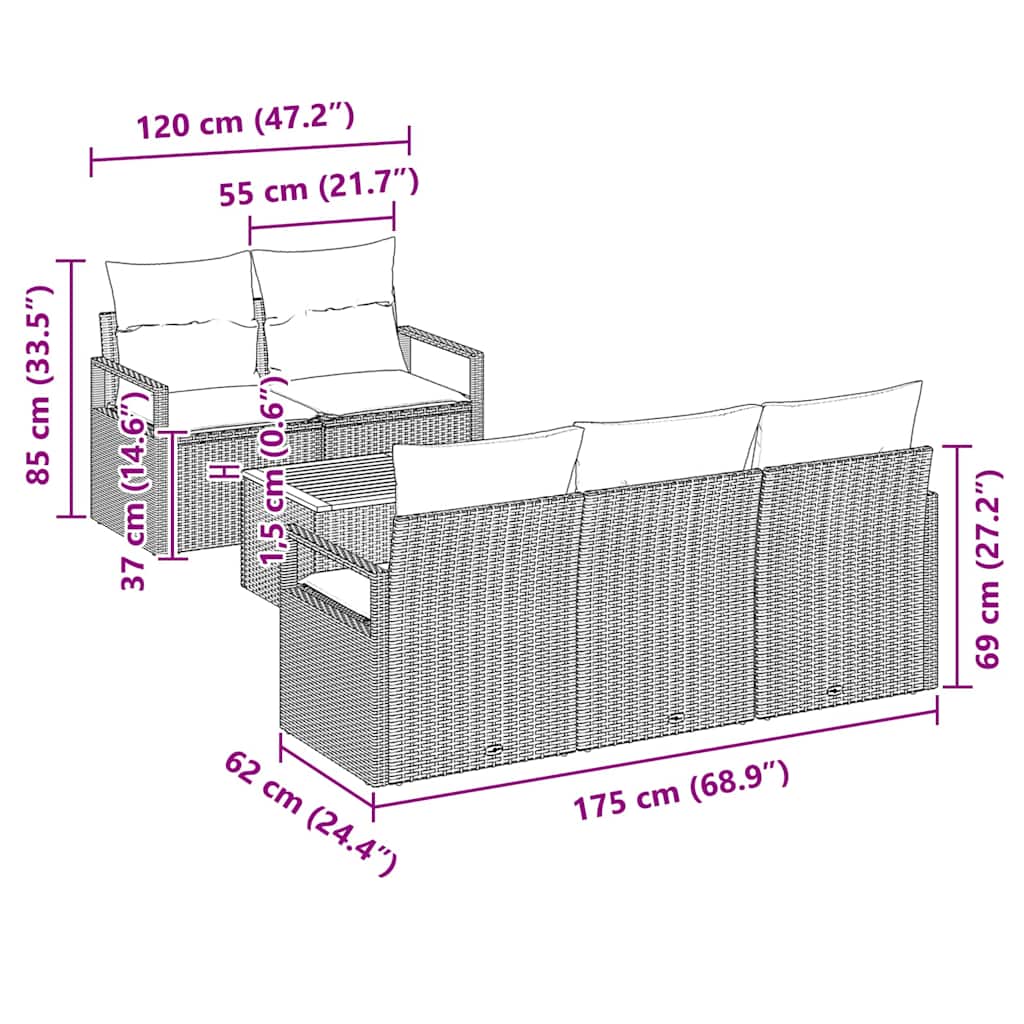 6-delige tuinset met kussens in het grijs van poly rattan
