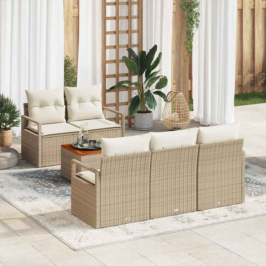 6-delige tuinset met kussens in beige van poly rattan en acacia