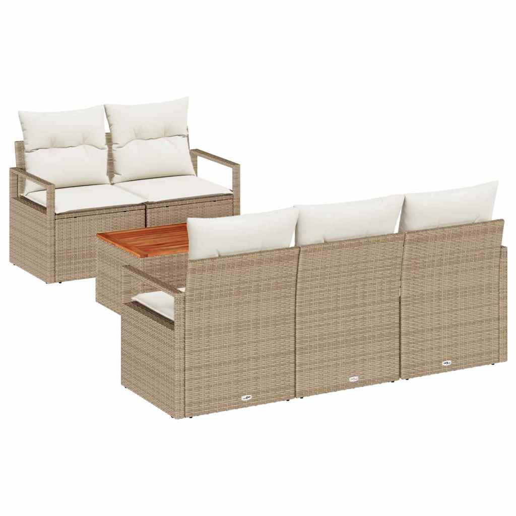 6-delige tuinset met kussens in beige van poly rattan en acacia