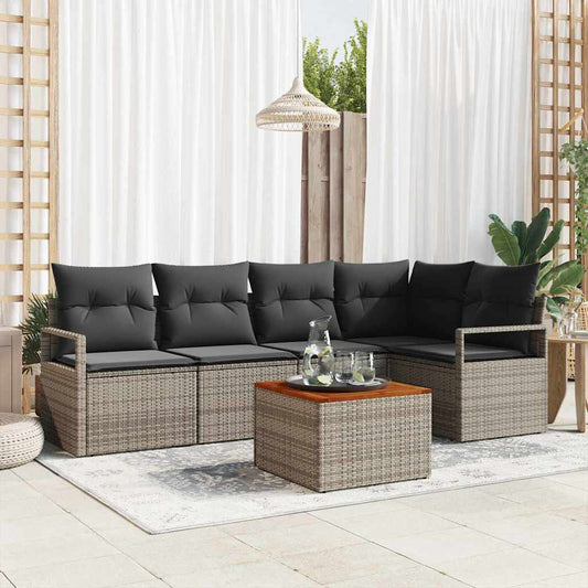 6-delige tuinset met kussens in het grijs van poly rattan en acacia