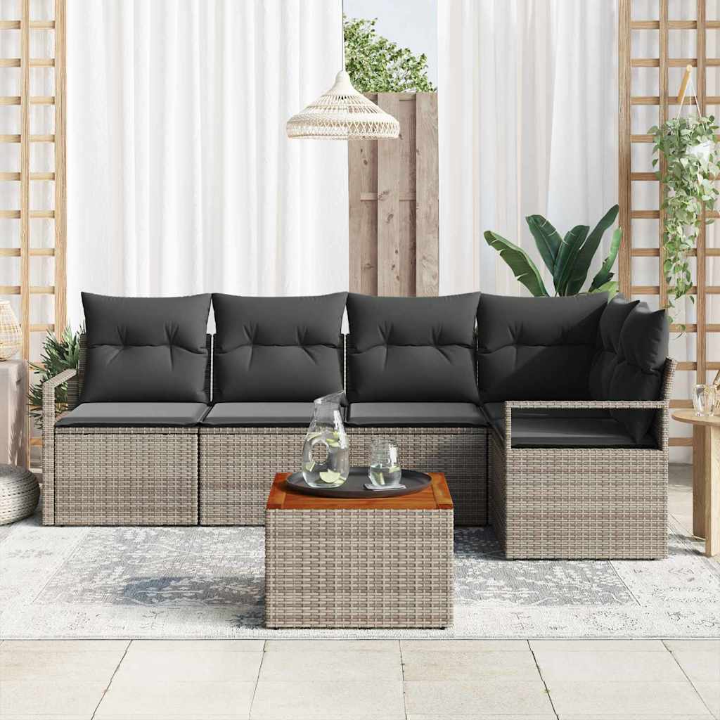 6-delige tuinset met kussens in het grijs van poly rattan en acacia