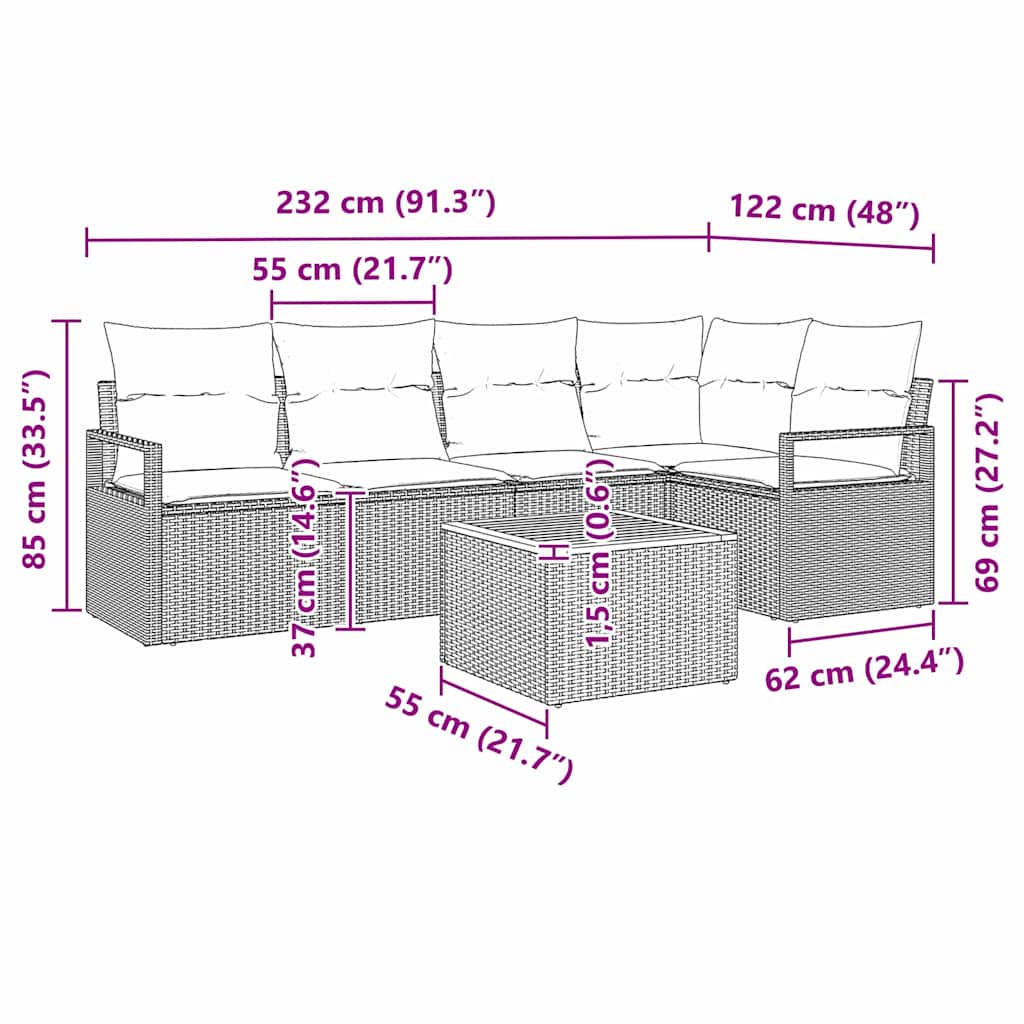 6-delige tuinset met kussens in het grijs van poly rattan en acacia
