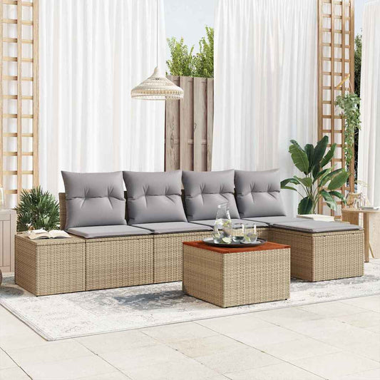 6-delige tuinset met kussens in beige, poly rattan en acacia.