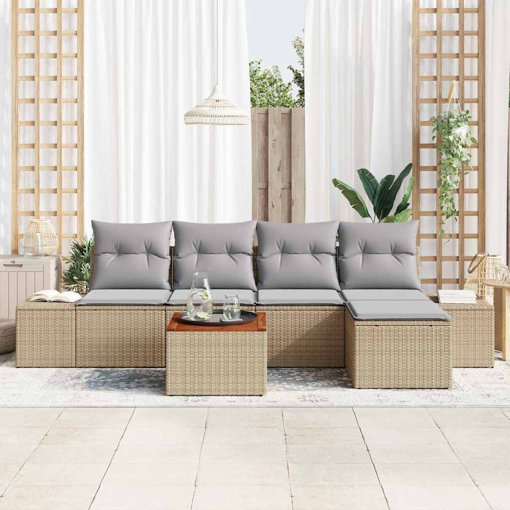 6-delige tuinset met kussens in beige, poly rattan en acacia.