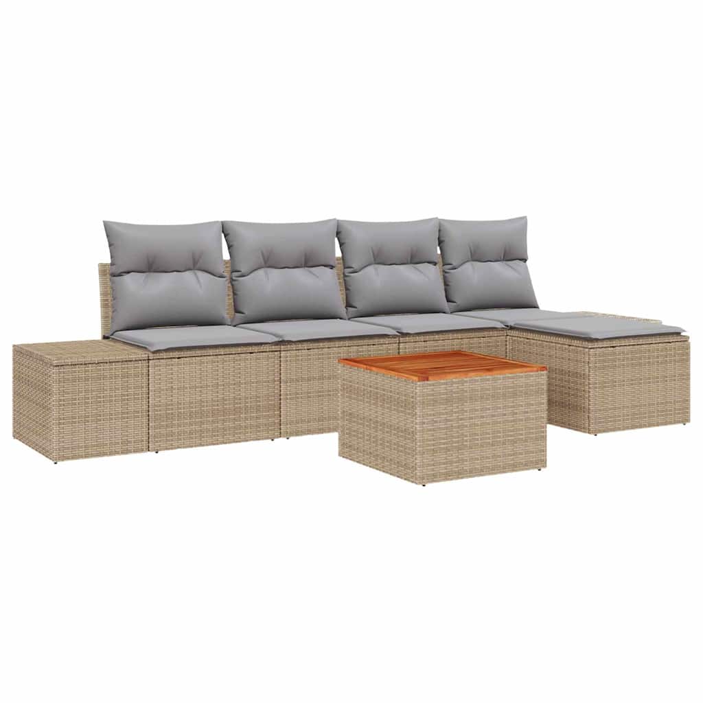 6-delige tuinset met kussens in beige, poly rattan en acacia.
