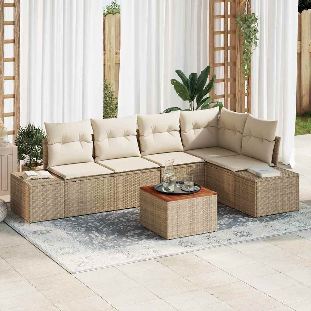 6-delige tuinset met kussens in lichtbeige poly rattan en acacia