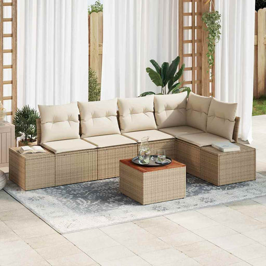 6-delige tuinset met kussens in lichtbeige poly rattan en acacia