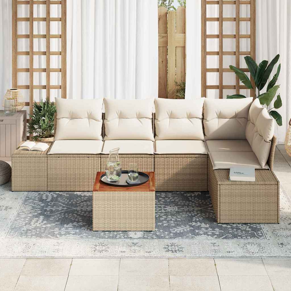 6-delige tuinset met kussens in lichtbeige poly rattan en acacia