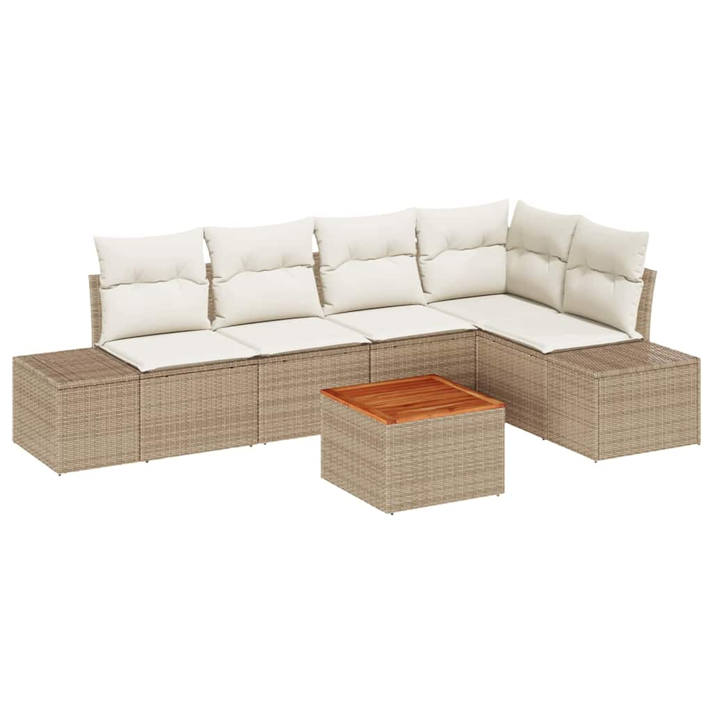 6-delige tuinset met kussens in lichtbeige poly rattan en acacia