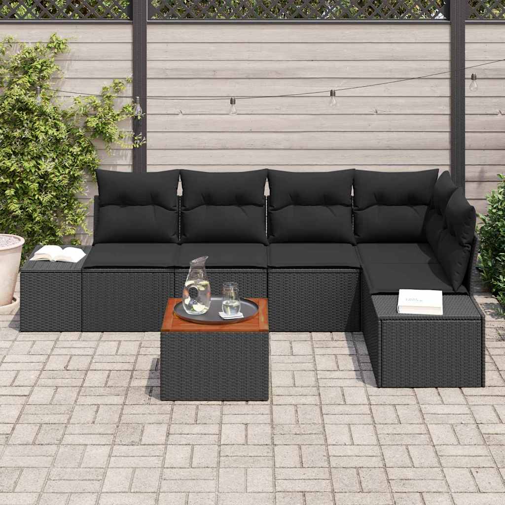 6-delige tuinset met kussens in zwart poly rattan