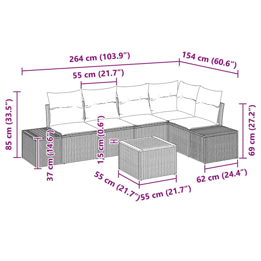 6-delige tuinset met kussens in zwart poly rattan