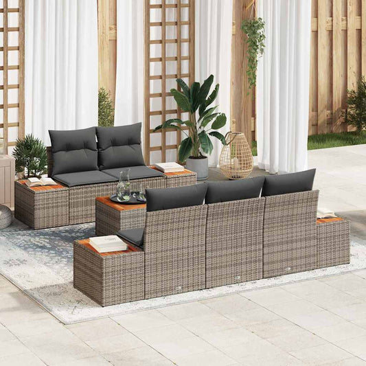 6-delige tuinset met kussens in grijs poly rattan en acacia