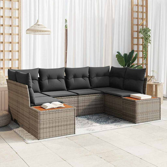 6-delige tuinset met kussens in grijs poly rattan en acacia