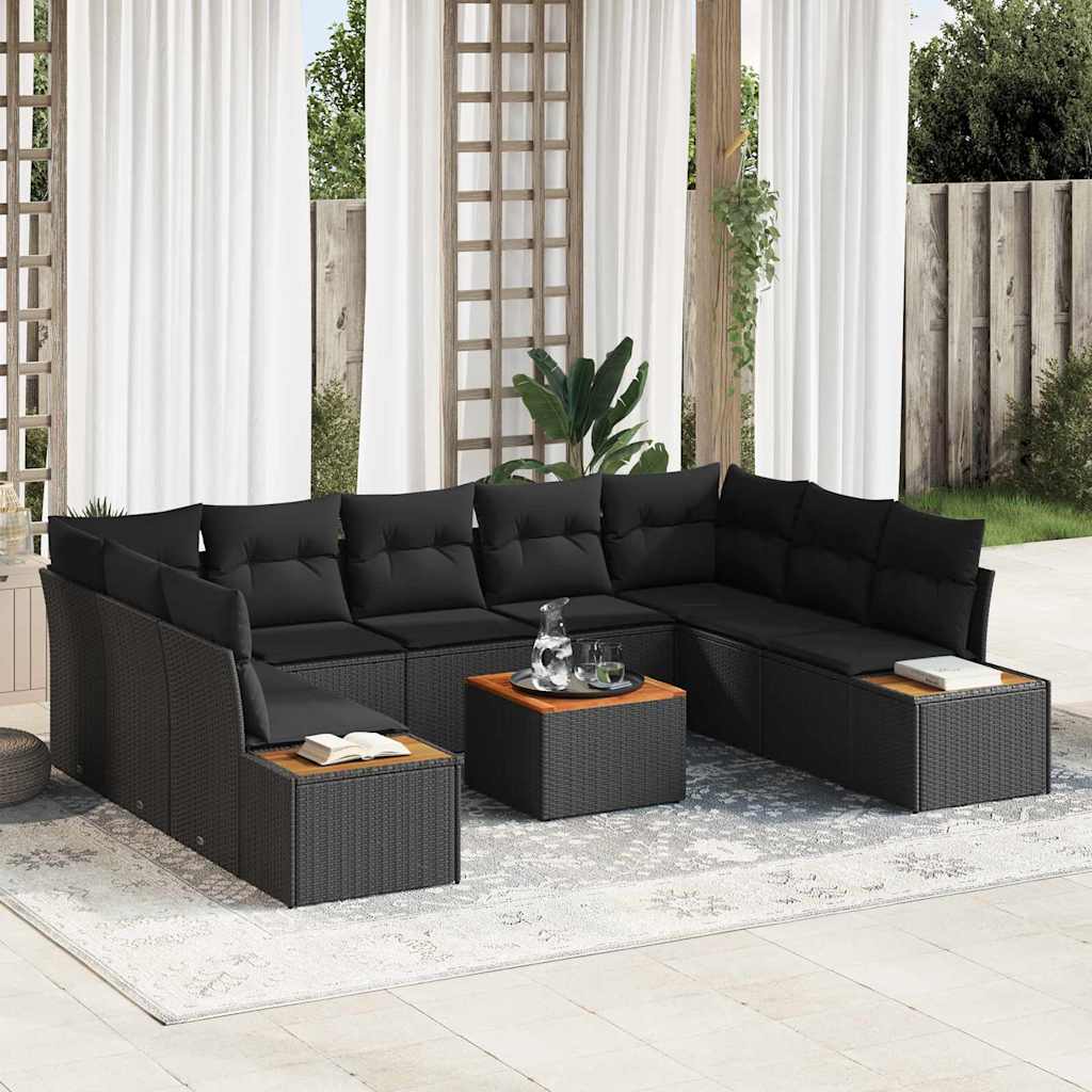 10-delige ligbed set met kussens - Zwart poly rattan & acacia