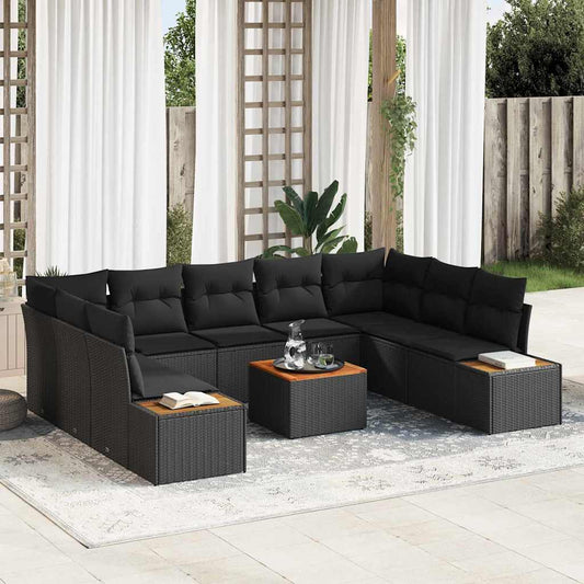 10-delige ligbed set met kussens - Zwart poly rattan & acacia